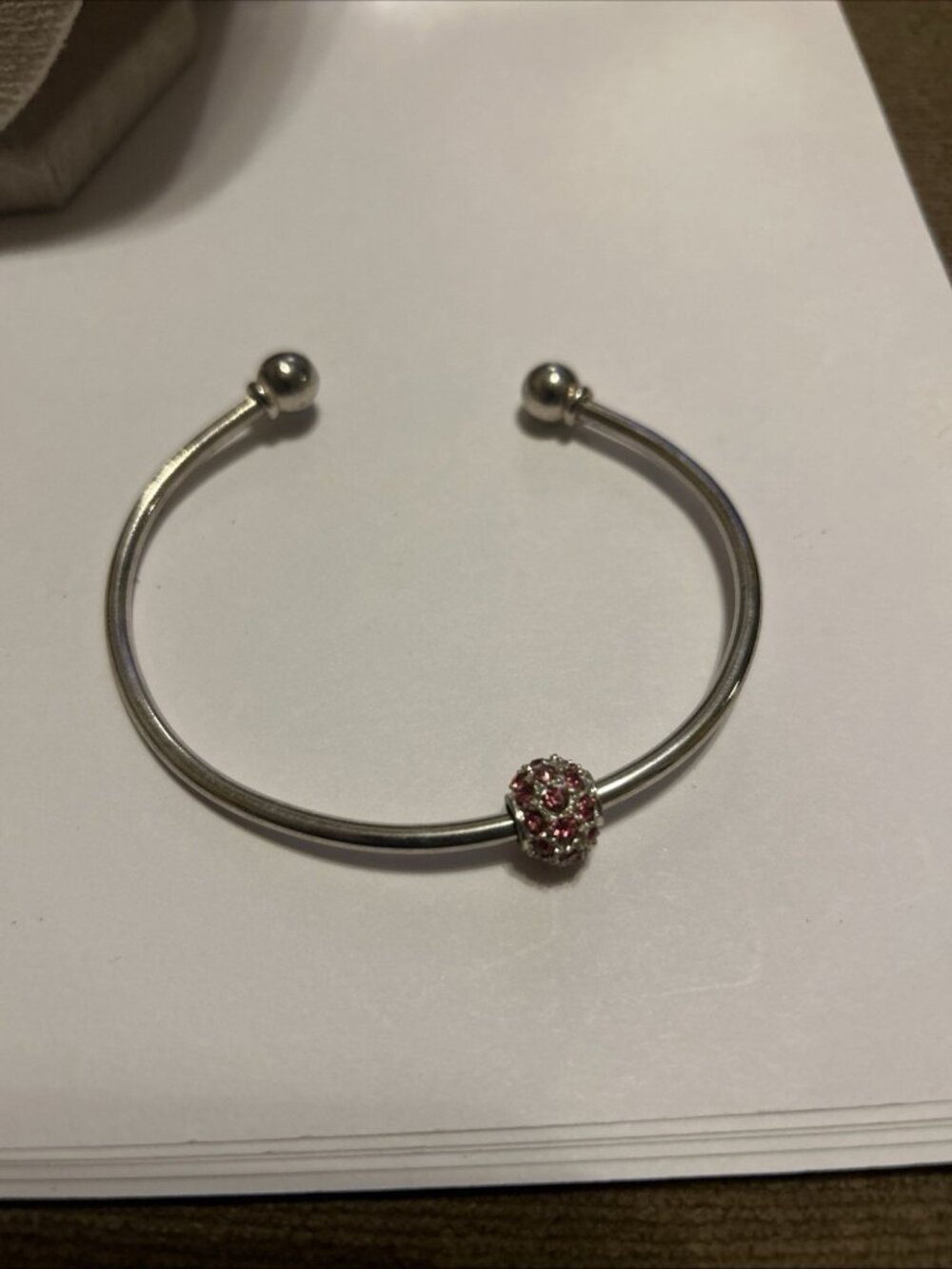 Silver Tone W/ Crystal & Pink Pace Ball Pendant Open Cuff Bracelet Adjustable